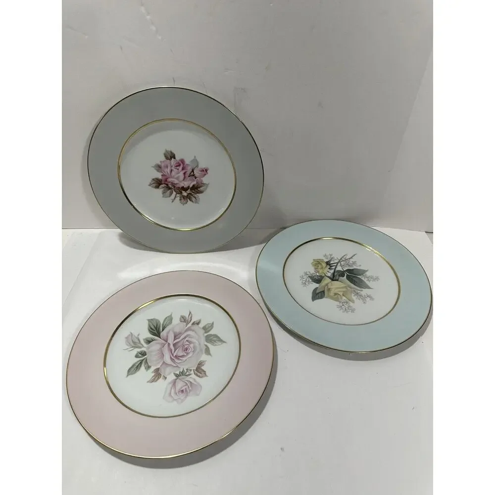 Set Of 3 Noritake Japan Dinner 11” Plate Flowers Pink Blue Gray Floral Lot‎